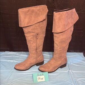Tan and Gray Over the Knee Boots with Folded Design